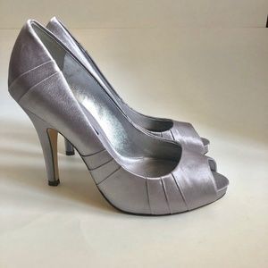 Nina “Effie” Satin Silver Peep Toe Heels